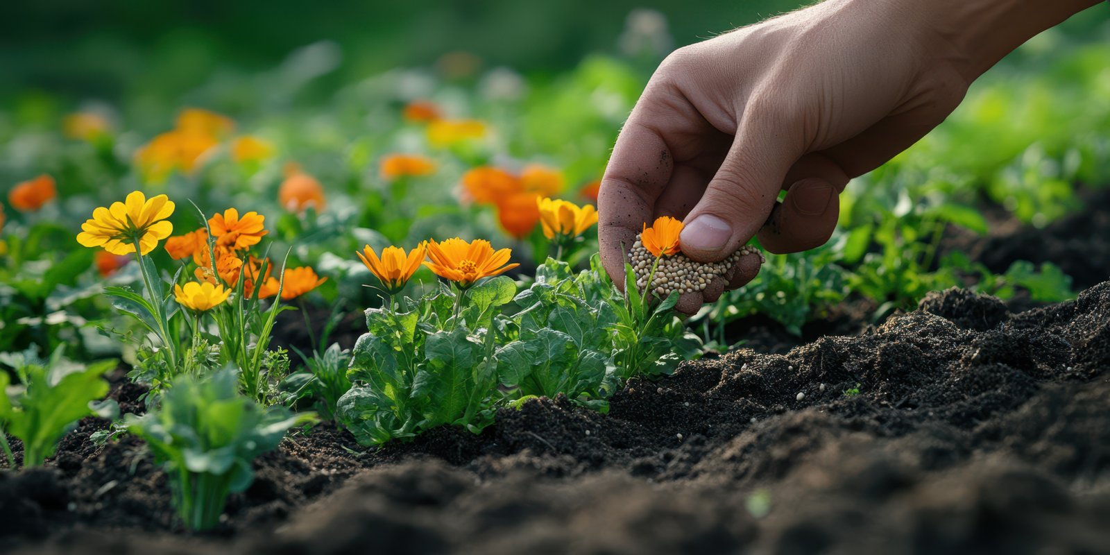 Gardening enthusiast planting seeds among vibrant flowers in a blooming garden under bright sunlight